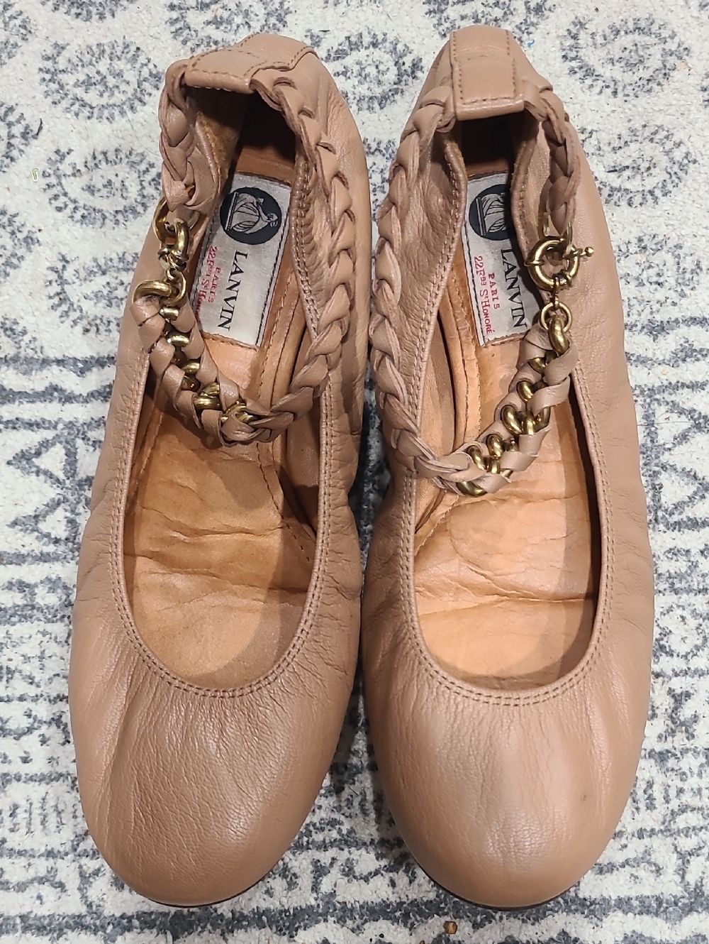 Lanvin Blush Leather Braided Strap Chain Ballet Flats
